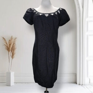 Vintage 90s Kamisato for I Magnin Black Linen Cutout Dress 10